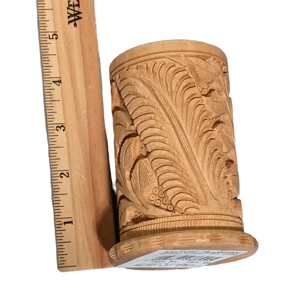 Vintage carved wooden floral pen stand brush pot India home decor, acces… - Picture 4 of 5